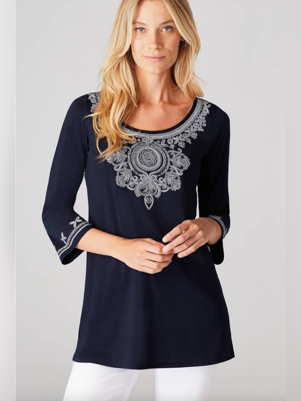 J. Jill Embroidered Navy 3/4‑Sleeve Women’s Top tunic boho chic sz M